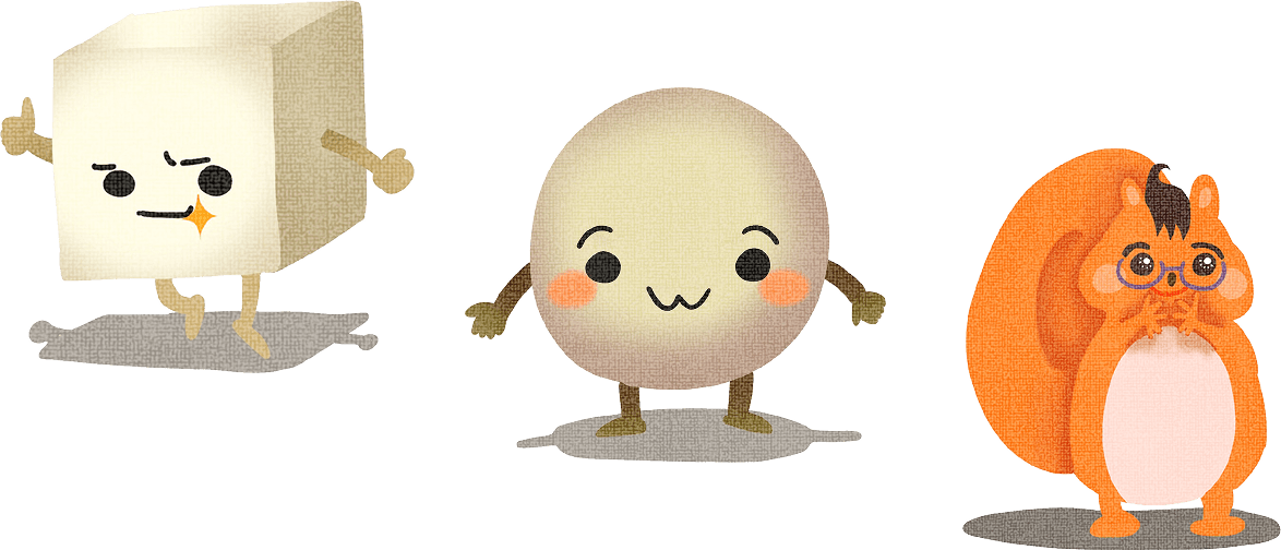 キャラクター（豆腐、大豆、リス）のイラスト